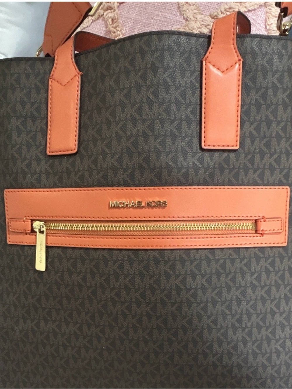 Michael Kors Brown MK Monogram Tote with Orange Trim
